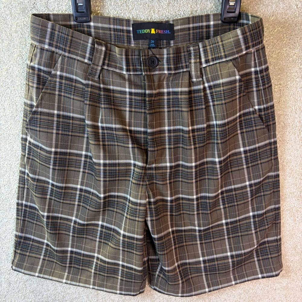 Teddy Fresh Plaid Shorts Mens 26 (Fits 28x7) Brown Checkered Pleated Preppy Golf